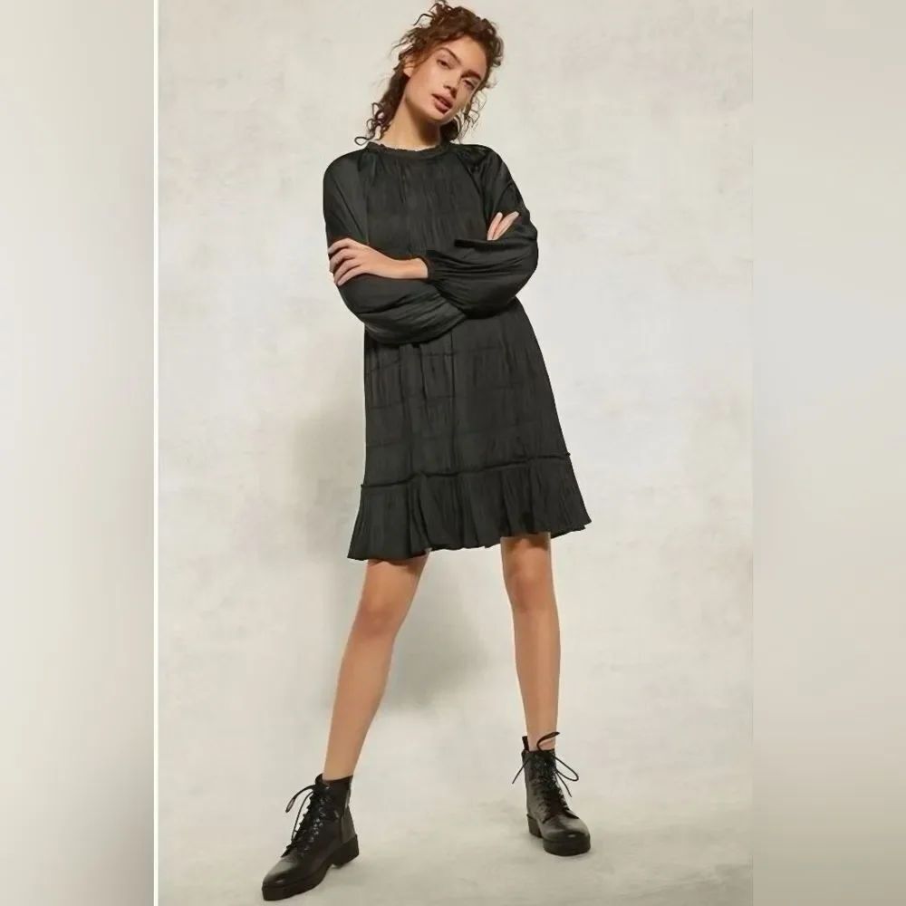 Anthropologie Maeve Smocked Mini Dress Black Long Sleeve High Neck Lined Small